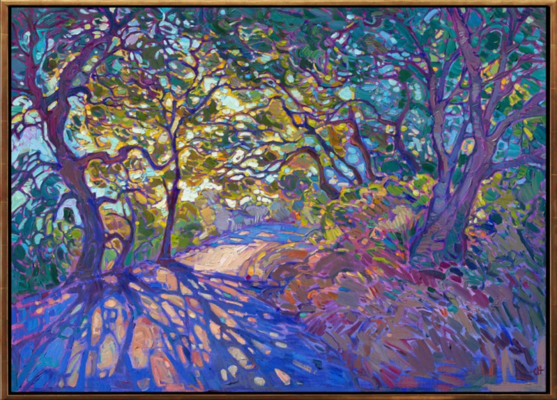 I love driving the winding roads through Paso Robles wine country. At the high elevations, I pass by sun-lit vineyards and open orchards, and when the roads dip down in the valleys, I pass beneath overhanging oak trees and hanging moss, and I can hear the sound of water trickling by in the nearby stream. This painting captures this view of Paso from between the oak trees, where crystalline light casts long shadows across the road.