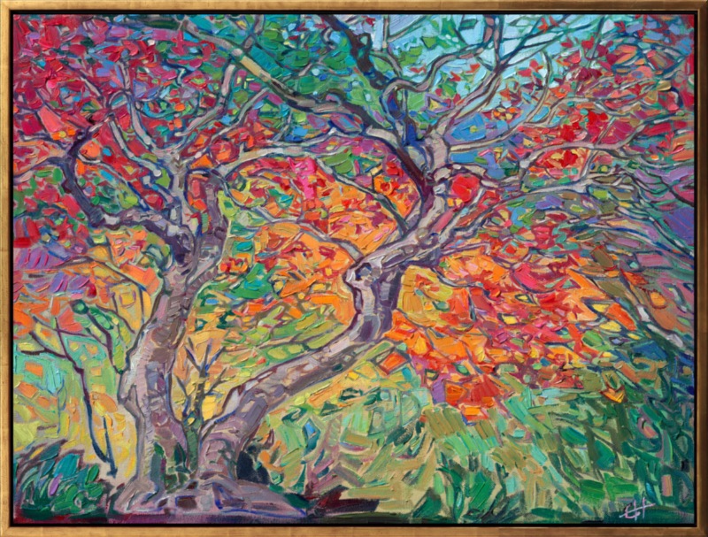 I love painting the twisting branches of Japanese maple trees. I found this grove of maples in the gardens of a Buddhist temple in Kyoto, Japan. The soft light accentuates the striking colors of cadmium red against green. Thickly applied brush strokes of oil paint create a mosaic of texture across the canvas.