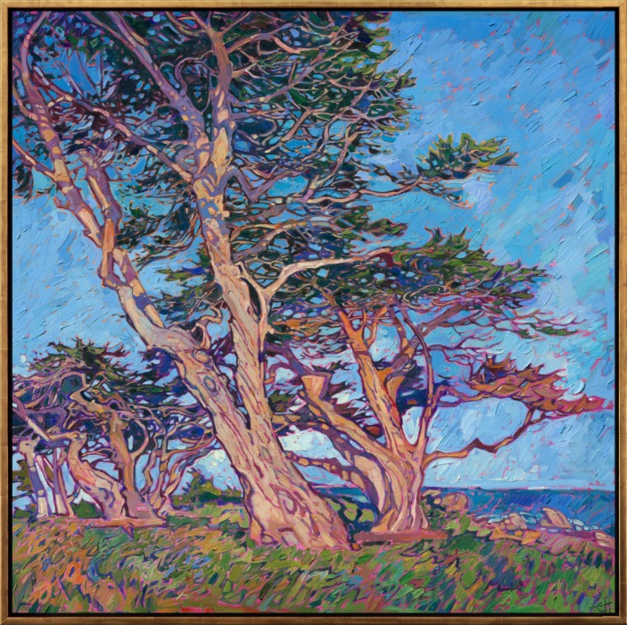 There is one grove of cypress trees near Carmel that is the most beautiful grove of cypress trees in the whole Monterey Peninsula. I visit them every time I go to Monterey. I must have painted them a dozen times already, but I love capturing their graceful branches in changing light and changing seasons. You may recognize these trees, if you find yourself driving on 17 Mile Drive.