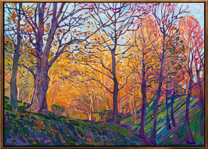 I visited New Hampshire to see the beautiful colors of autumn during peak fall color season. Colorful leaves contrasted against dark branches made for an interesting composition in this piece. I love how the early morning light accentuates the colors of fall in this painting. Thick brush strokes placed side by side create the signature stained-glass appeal of an Open Impressionism work.