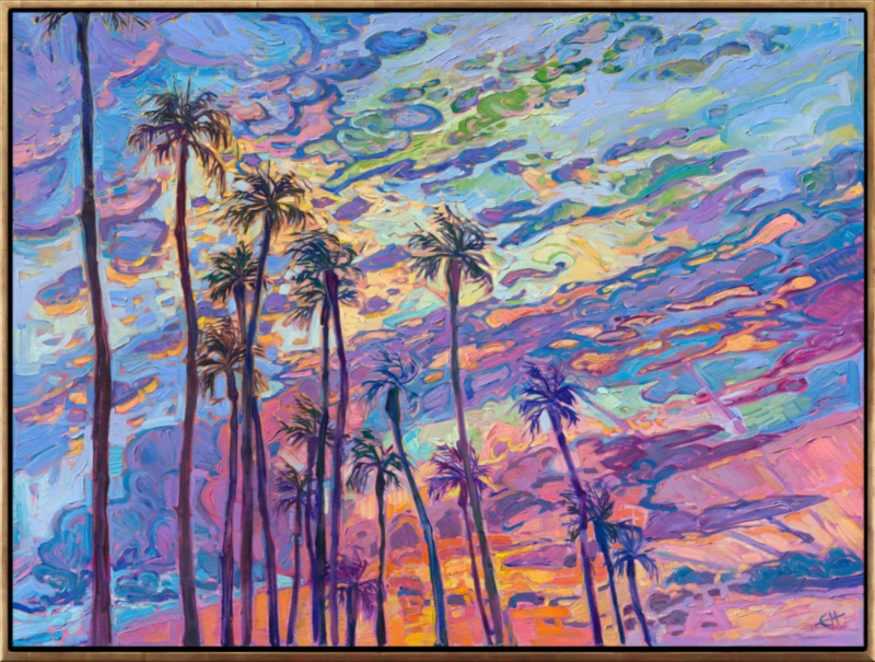 One of my favorite things about when I used to live in San Diego was watching an epic sunset changing color behind a cluster of palm trees, while looking out over the Pacific Ocean. This painting captures that poignant joy I feel when Nature is showing off for me.