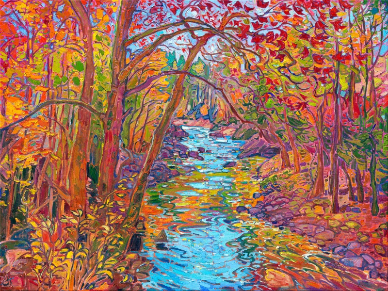 Reflected pools of light swirl beneath the autumn hues of gold and green. An October blue sky peeks between the branches of fall-colored leaves. Thick brush strokes of oil paint capture the movement and poignant beauty of the scene. Erin's unique style of Open Impressionism involves placing brush strokes side-by-side without blending, creating a mosaic of color and texture across the canvas.