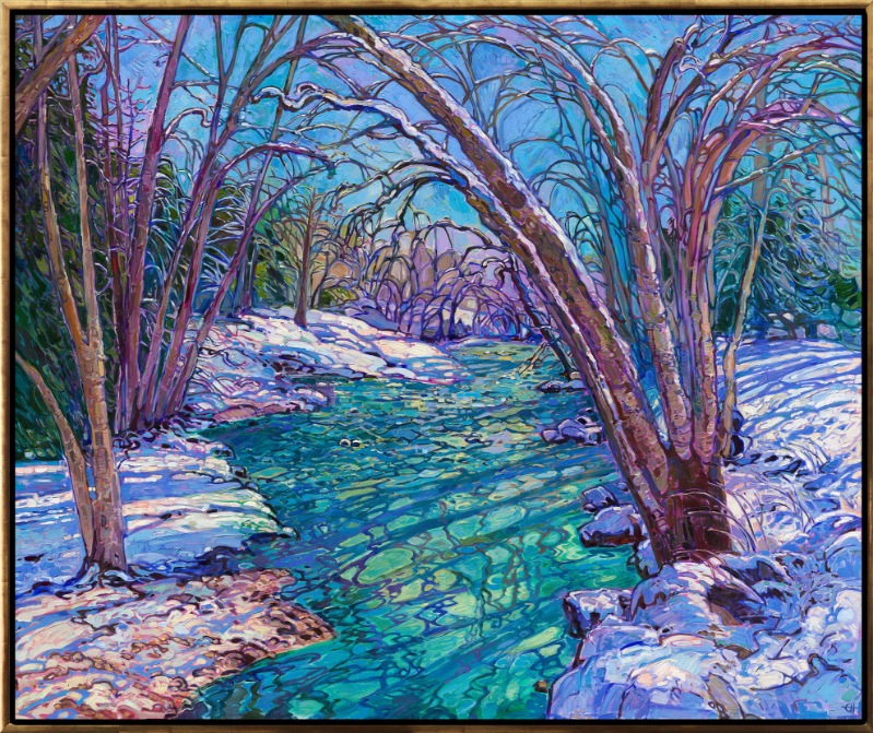 Long shadows drape patterns of light and dark across the snow-covered earth and still river bed. Hanging tree boughs leave waving reflections in the water that look like tiles of stained glass. This painting captures the tranquil beauty of winter. 