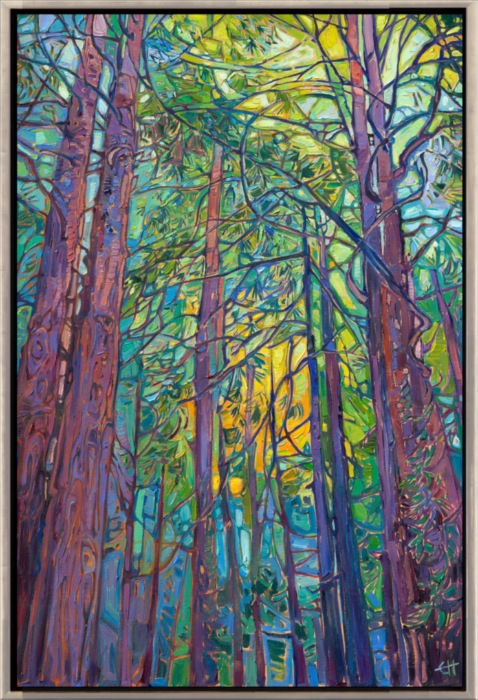 I love driving through the redwood forests on my way to Mendocino. Quiet rays of slanting light filter through the ancient trees, transforming the landscape so that it feels like I am in another world. This painting captures the beautiful colors of California's redwood forests.