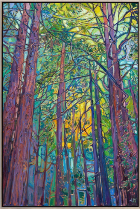 I love driving through the redwood forests on my way to Mendocino. Quiet rays of slanting light filter through the ancient trees, transforming the landscape so that it feels like I am in another world. This painting captures the beautiful colors of California's redwood forests.