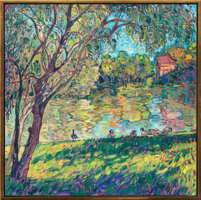 I visited France last year to follow in the footsteps of Monet and van Gogh. I spent a day in Vetheuil, a small town near Giverny, where Claude Monet lived and painted for a time. Everywhere I looked, I saw a painting before my eyes. I discovered this scene down a short trail down to the Seine river, where I saw a family of geese enjoying the early morning light. The landscape was filled with delicate hues of blue and green, and I was inspired to capture the magic of the scene with my brush.