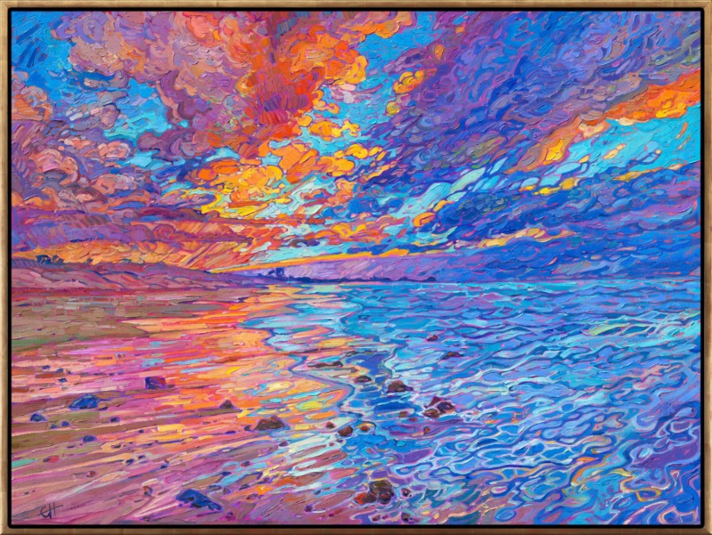 A symphony of colors plays over the sandy beaches of Monterey, California. Dramatic lines of clouds draw you into the painting, stirring the soul. Thick strokes of oil paint come together in an evocative dance of color.