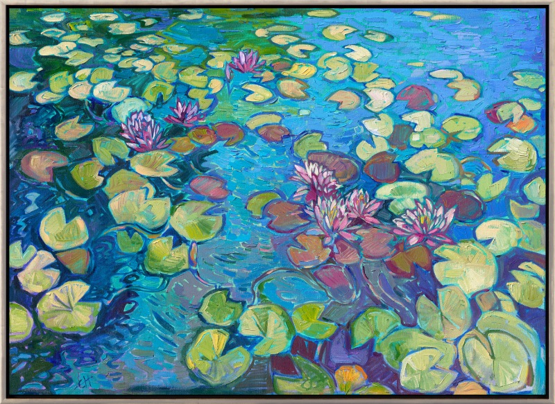 Delicate hues of burgundy, green, and blue meld together in this painting of a water lily pond in France. I stayed one night in an old stone bungalow near Bordeaux, and I woke the next morning before dawn to wander the gardens. Tucked away in a secluded grove of tangerine trees, I found a giant stone pond with water lilies blooming on the still water. The slowly lifting fog gave the vista a quiet, subdued tone, and I wandered through the quiet land, discovering unexpected marble statues, benches, and arbors, nibbling on fresh-picked plums and peaches as I went.