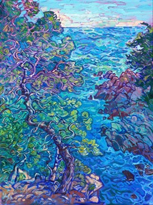 With warm Mediterranean winds blowing in my face, I explored the rocky coastline of the French Riviera. Aqua blue waters and wind-bend pine trees completed the experience. This painting captures the movement and beauty of the scene.